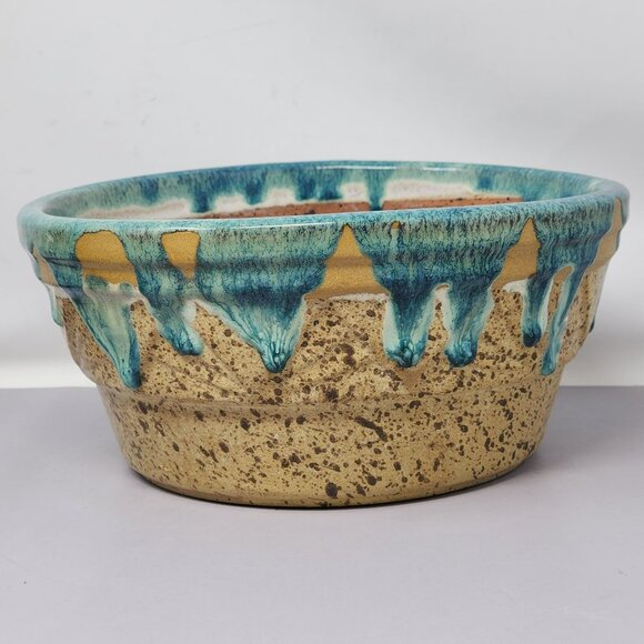 Handmade Clay Pottery Drip Glaze Bowl Turquoise & Speckled Tan Pottery - Picture 4 of 11